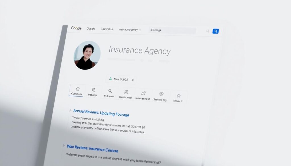 Prompt A professional insurance agency profile on a clean, modern google search results page. The focus is on the agency's name, logo, and key information like website, phone number, and office location. The layout features a prominent hero image of the agency's office building or staff, conveying a sense of trustworthiness and reliability. The design is minimalist yet polished, with a calming blue-gray color palette. Subtle lighting from the side highlights the three-dimensional depth of the layout, creating a sense of depth and dimension. The overall mood is one of authority, expertise, and customer-centric service, reflecting the "Annual Reviews: Updating Your Coverage" section of the article.