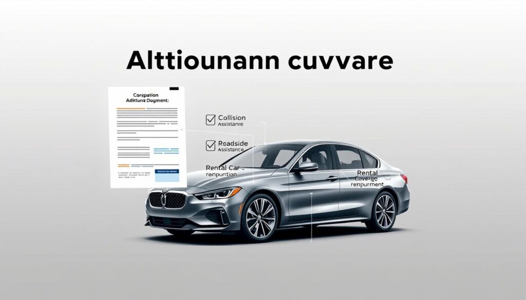 Prompt Detailed illustration of various car insurance additional coverage options, shot in a clean, minimalist style. In the foreground, a trio of car insurance policy documents with clickable icons for optional coverages like collision, comprehensive, roadside assistance, rental car reimbursement, and more. The middle ground features a sleek, modern sedan with a semi-transparent overlay highlighting the additional coverage features. The background is a soft, neutral gradient conveying a sense of professionalism and practicality. Bright, directional lighting emphasizes the policy documents and car details. The overall mood is informative, approachable, and designed to educate the viewer on the breadth of car insurance supplementary protections.