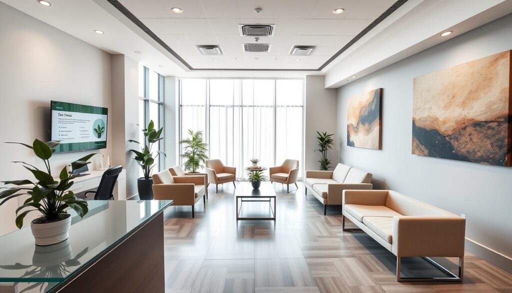 Wide-angle view of a dental clinic reception area, with a modern and minimalist design. The foreground features a sleek glass counter and reception desk, with a potted plant and a flatscreen displaying dental service offerings. In the middle ground, comfortable seating options like armchairs and sofas are arranged around a central coffee table. The background showcases large windows allowing natural light to flood the space, creating a bright and airy atmosphere. The walls are adorned with abstract artworks in soothing earthy tones, conveying a sense of calm and professionalism. Soft, diffused lighting illuminates the scene, giving it a welcoming and approachable ambiance. Wide-angle view of a dental clinic reception area, with a modern and minimalist design. The foreground features a sleek glass counter and reception desk, with a potted plant and a flatscreen displaying dental service offerings. In the middle ground, comfortable seating options like armchairs and sofas are arranged around a central coffee table. The background showcases large windows allowing natural light to flood the space, creating a bright and airy atmosphere. The walls are adorned with abstract artworks in soothing earthy tones, conveying a sense of calm and professionalism. Soft, diffused lighting illuminates the scene, giving it a welcoming and approachable ambiance.