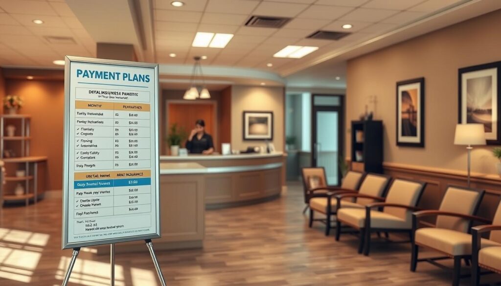 a detailed, photo-realistic image of a dental office interior with a focus on the payment plans offered for uninsured individuals. The foreground shows a large display board with various payment plan options, including monthly installments, financing, and discounts for upfront payments. The middle ground features a receptionist's desk and waiting area with comfortable chairs and magazine racks. The background showcases the overall professional and welcoming atmosphere of the dental practice, with warm lighting, modern decor, and tasteful wall art. The image conveys a sense of trust, accessibility, and financial flexibility for patients without dental insurance. a detailed, photo-realistic image of a dental office interior with a focus on the payment plans offered for uninsured individuals. The foreground shows a large display board with various payment plan options, including monthly installments, financing, and discounts for upfront payments. The middle ground features a receptionist's desk and waiting area with comfortable chairs and magazine racks. The background showcases the overall professional and welcoming atmosphere of the dental practice, with warm lighting, modern decor, and tasteful wall art. The image conveys a sense of trust, accessibility, and financial flexibility for patients without dental insurance.