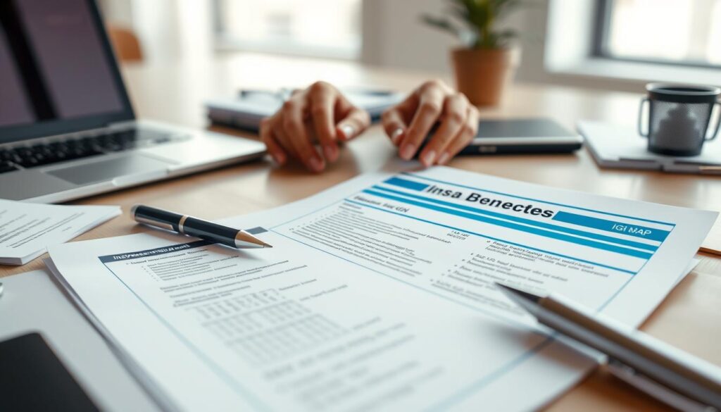 a highly detailed, photorealistic digital illustration of an insurance benefits document for the GI Map test, laid out on a desktop with a laptop, pen, and other office supplies in the foreground. The document features clear, legible text and graphics, with a clean, modern design. The middle ground includes a person's hands interacting with the document, conveying the sense of a person examining the benefits information. The background shows an out-of-focus office setting, with neutral tones and lighting to keep the focus on the key elements. The overall mood is professional, informative, and oriented towards effectively communicating insurance coverage details. a highly detailed, photorealistic digital illustration of an insurance benefits document for the GI Map test, laid out on a desktop with a laptop, pen, and other office supplies in the foreground. The document features clear, legible text and graphics, with a clean, modern design. The middle ground includes a person's hands interacting with the document, conveying the sense of a person examining the benefits information. The background shows an out-of-focus office setting, with neutral tones and lighting to keep the focus on the key elements. The overall mood is professional, informative, and oriented towards effectively communicating insurance coverage details.