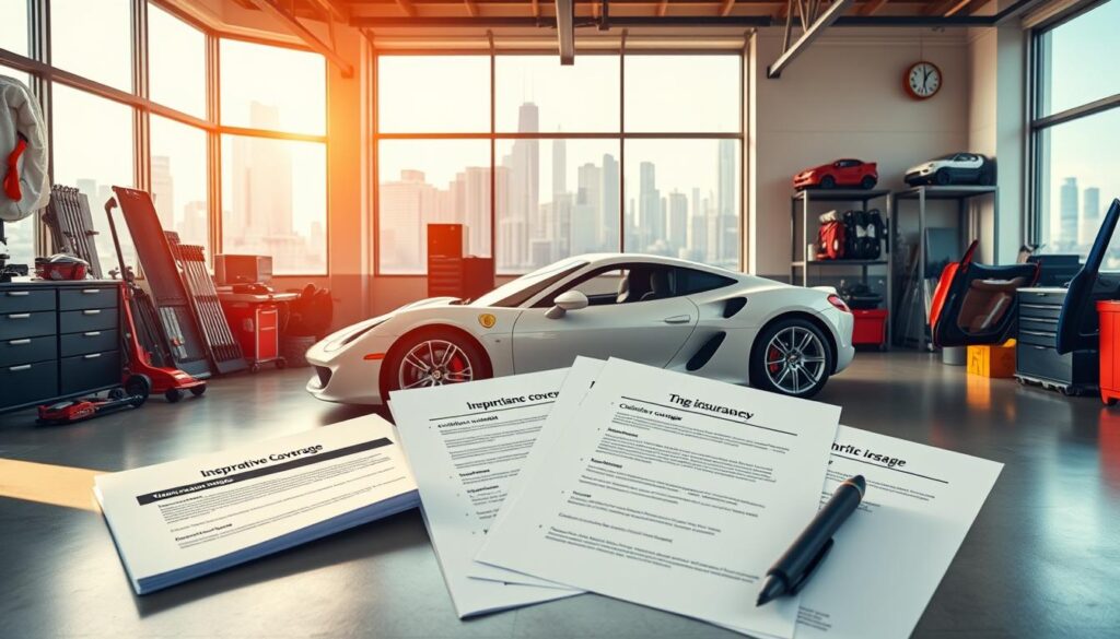 a panoramic scene depicting the key benefits of comprehensive garage insurance coverage in Illinois. In the foreground, a sleek, well-maintained sports car sits in a pristine garage, surrounded by various automotive tools and accessories. The middle ground showcases a range of insurance policy documents, highlighting the comprehensive coverage options, such as collision, liability, and theft protection. In the background, a cityscape of Chicago's skyline is visible through large windows, conveying a sense of security and protection for the valuable asset. The scene is illuminated by warm, natural lighting, creating a welcoming and reassuring atmosphere. The overall composition emphasizes the importance of comprehensive coverage in safeguarding one's investment in a garage and its contents.