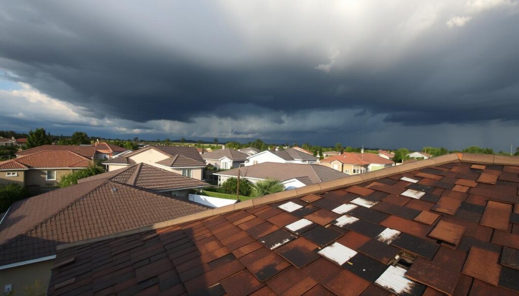 a wide-angle view of a residential neighborhood with a variety of roof styles, including shingles, metal, and tile. The sky is overcast with dark clouds, suggesting an impending storm. In the foreground, a close-up of a damaged roof, with missing shingles and water stains, reflecting the impact of severe weather. The lighting is dramatic, casting long shadows and highlighting the contrast between the well-maintained roofs and the damaged one. The scene conveys the importance of roof insurance in protecting homeowners from the financial burden of weather-related roof damage.