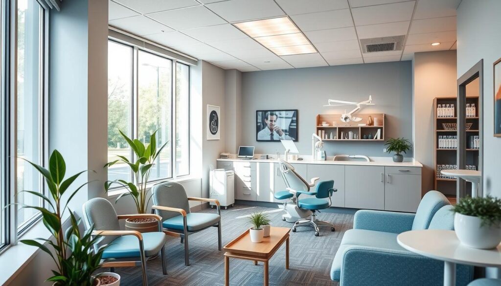 dental office interior, bright and inviting, waiting room with comfortable chairs, potted plants, and a display of dental supplies, muted tones of blue and white, natural lighting through large windows, a reception desk in the background, dental equipment and tools visible in an adjacent exam room, a relaxed and calming atmosphere, conveying quality dental care and patient-focused service dental office interior, bright and inviting, waiting room with comfortable chairs, potted plants, and a display of dental supplies, muted tones of blue and white, natural lighting through large windows, a reception desk in the background, dental equipment and tools visible in an adjacent exam room, a relaxed and calming atmosphere, conveying quality dental care and patient-focused service